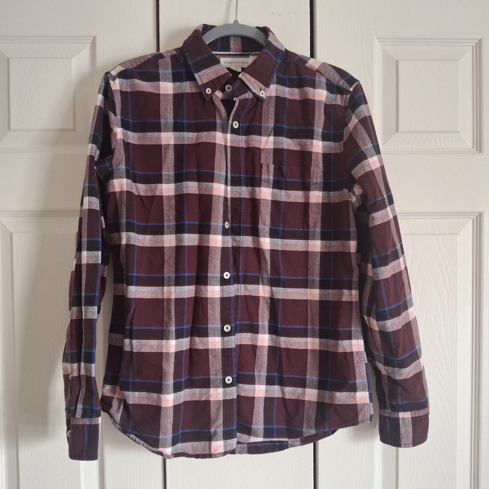 Aeropostale Men's M Purple Blue Pink Plaid Flannel Long Sleeve Button Shirt